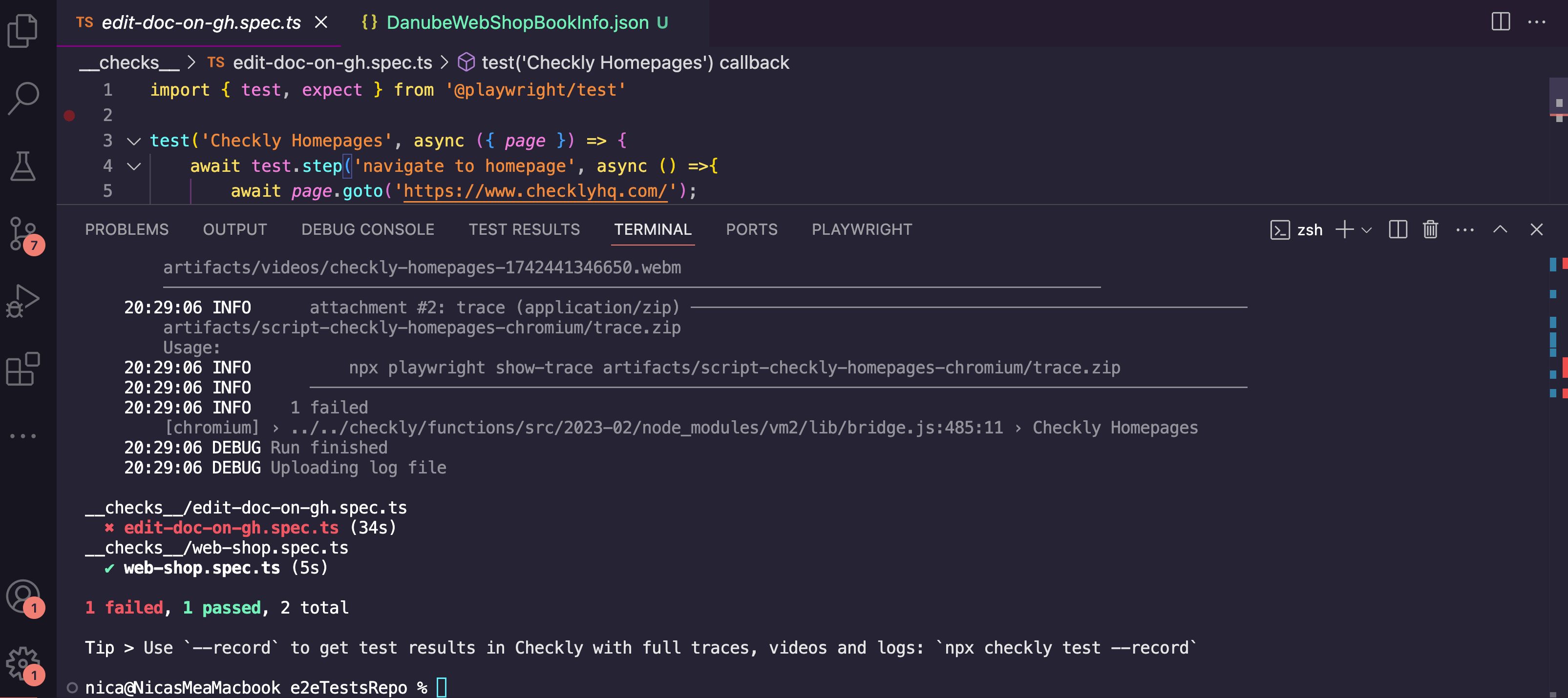 The Checkly CLI running playwright tests from the Checkly network