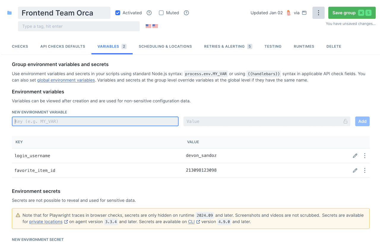 Setting variables that will be available to every check in this group the Checkly Web UI with settings for a group, displaying variables