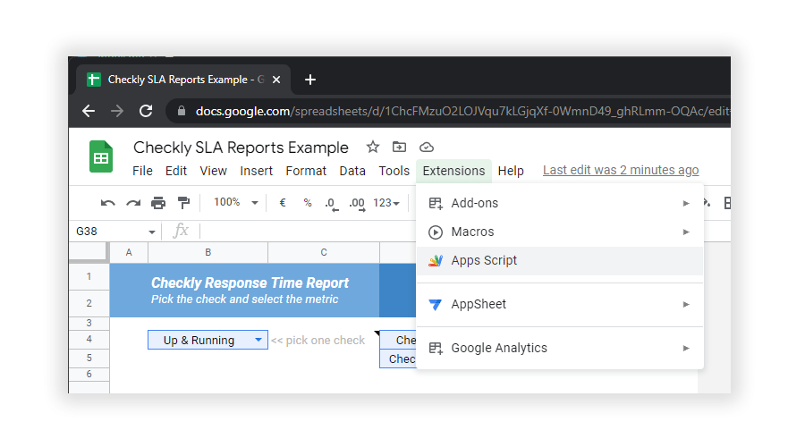 google sheets apps script menu