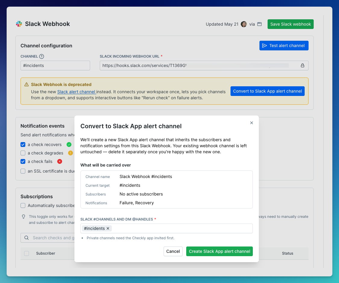 Convert to Slack App alert channel