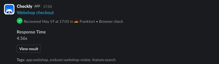 A slack message showing a recovered alert