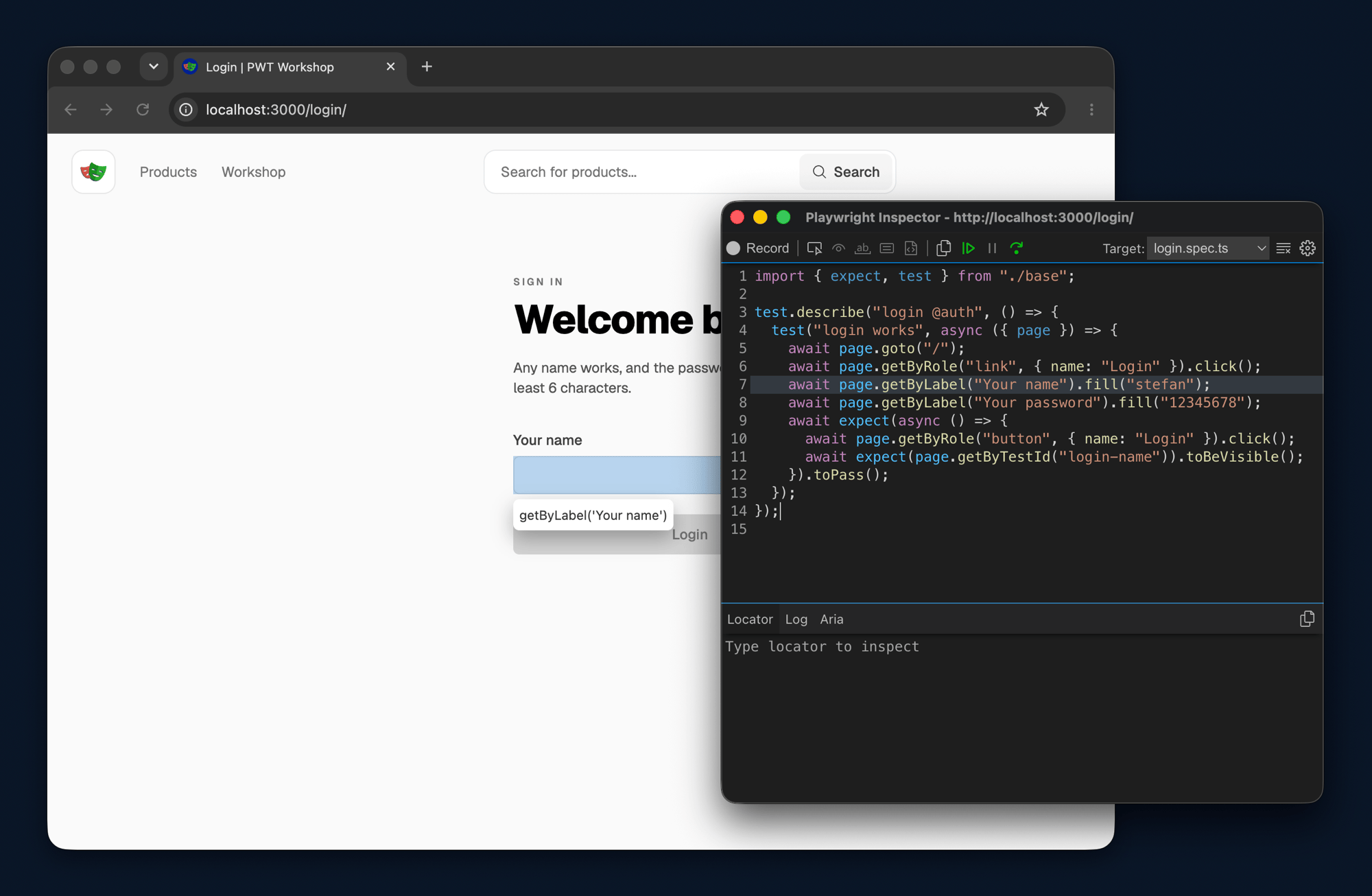 The Playwright inspector paused on a login test, highlighting the current action while the browser shows the page under test