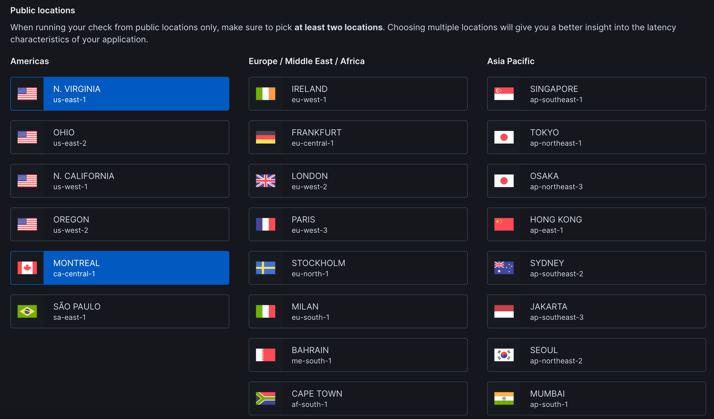 URL monitor locations selection interface showing global monitoring locations