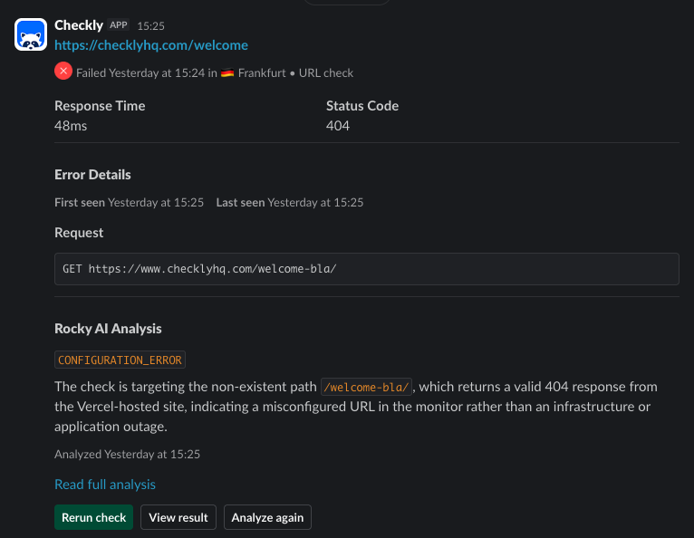 A slack message showing a failed alert