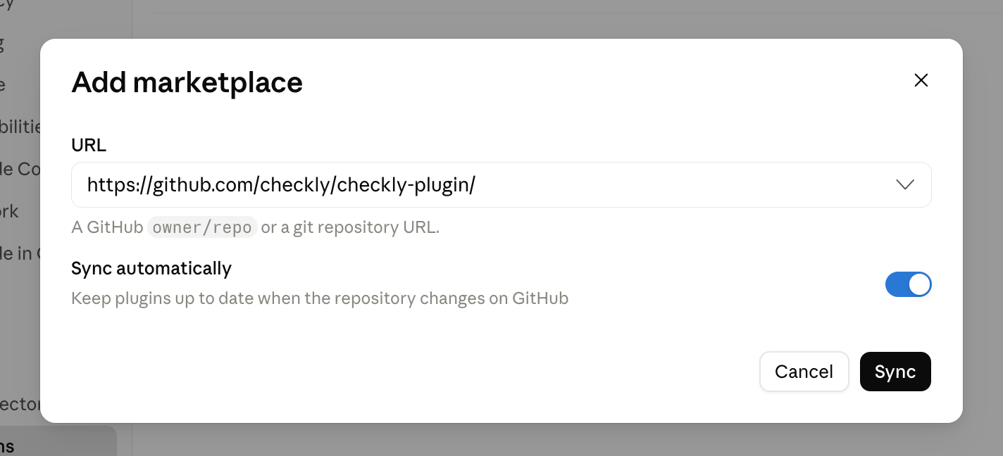 The 'Add marketplace' dialog with the Checkly plugin repository URL entered and automatic syncing enabled