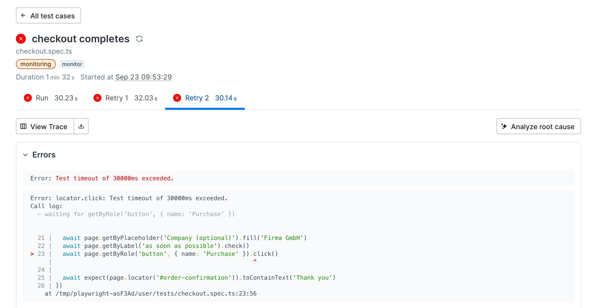 The failed checkout test case in Checkly showing three failed attempts, the Playwright error with the failing line highlighted, and View Trace and Analyze root cause buttons