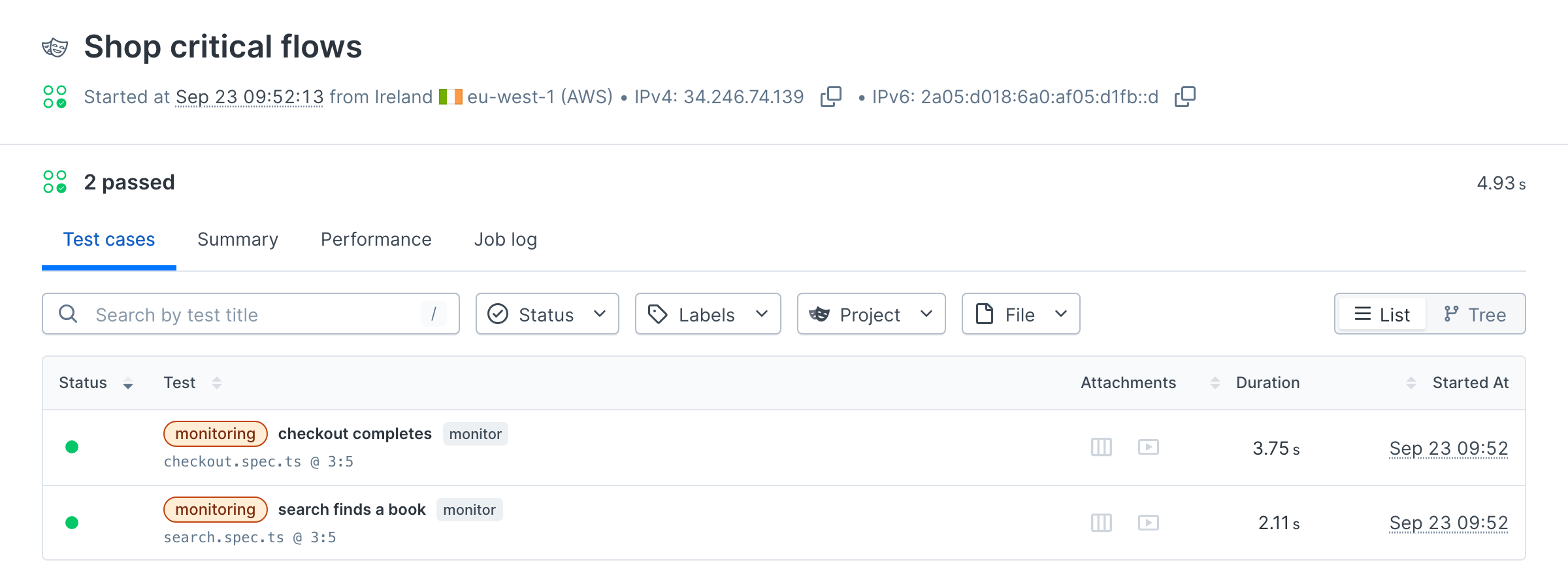 A passing Shop critical flows result in Checkly listing the checkout and search test cases with trace and video attachments