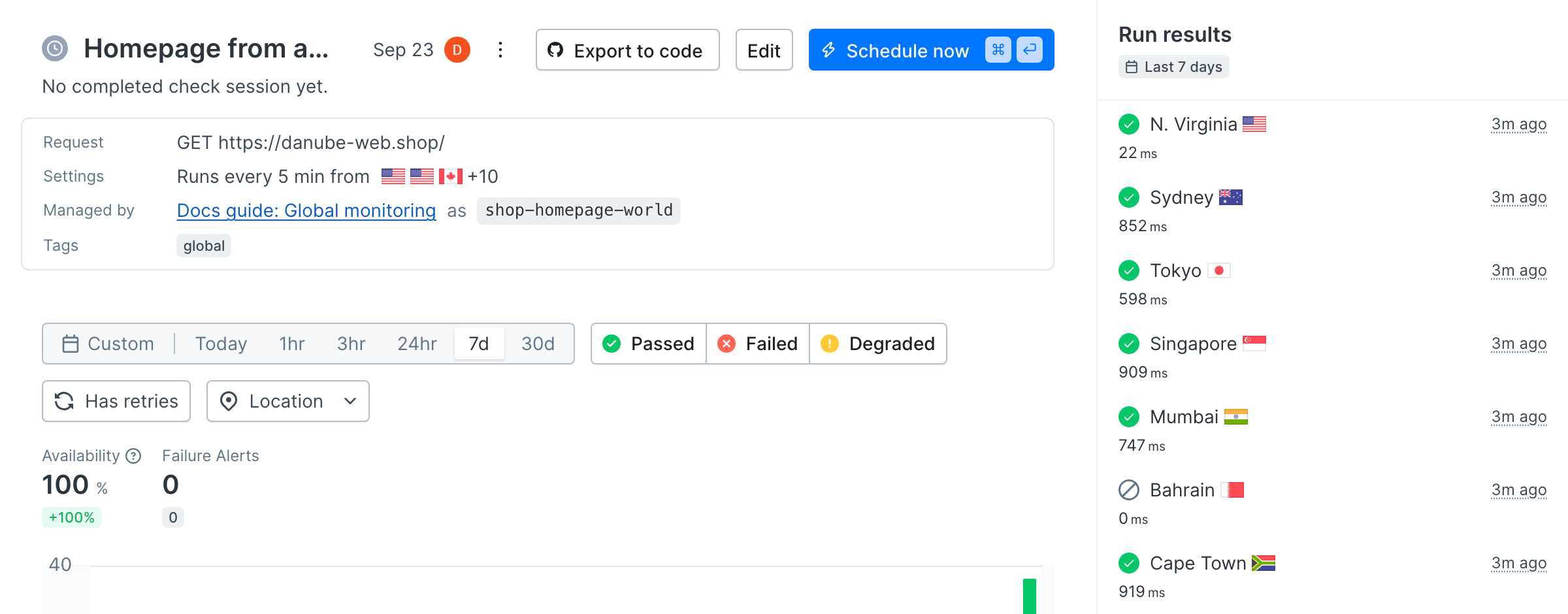 A Checkly URL monitor detail page with run results from N. Virginia, Ireland, Sydney, Cape Town and other locations listed with their response times