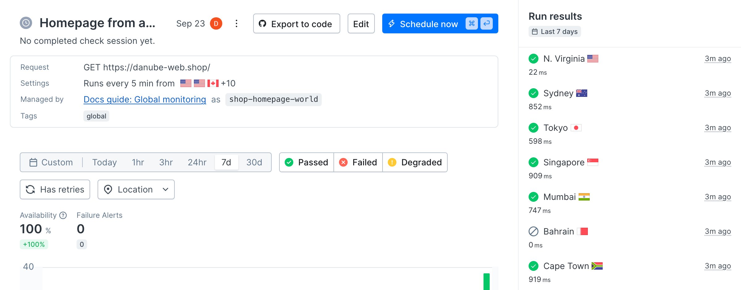 A Checkly URL monitor detail page with run results from N. Virginia, Ireland, Sydney, Cape Town and other locations listed with their response times