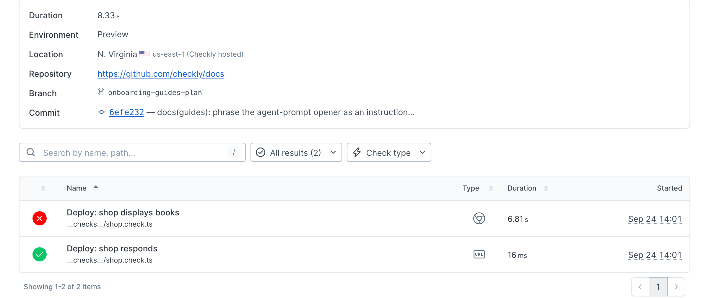 Preview session showing a passing URL monitor and failing browser assertion for the wrong URL