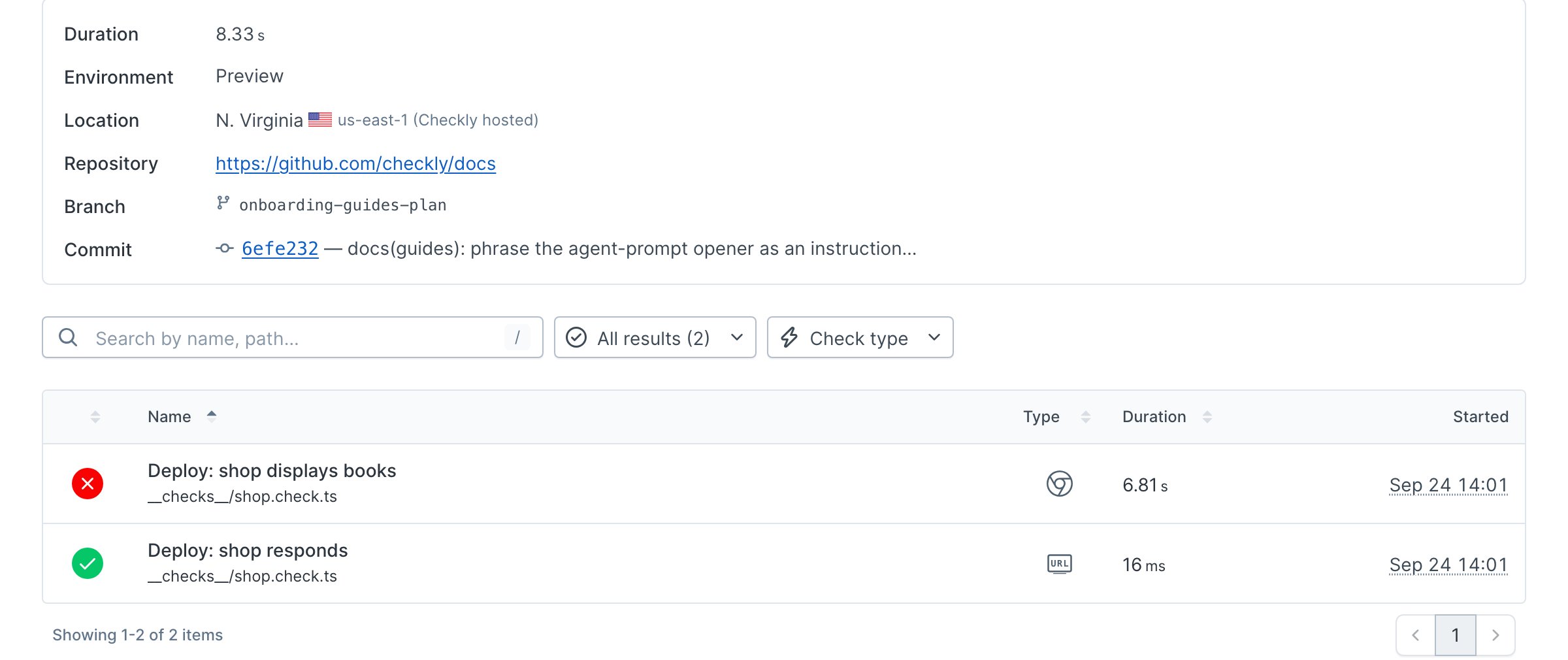 Preview session showing a passing URL monitor and failing browser assertion for the wrong URL