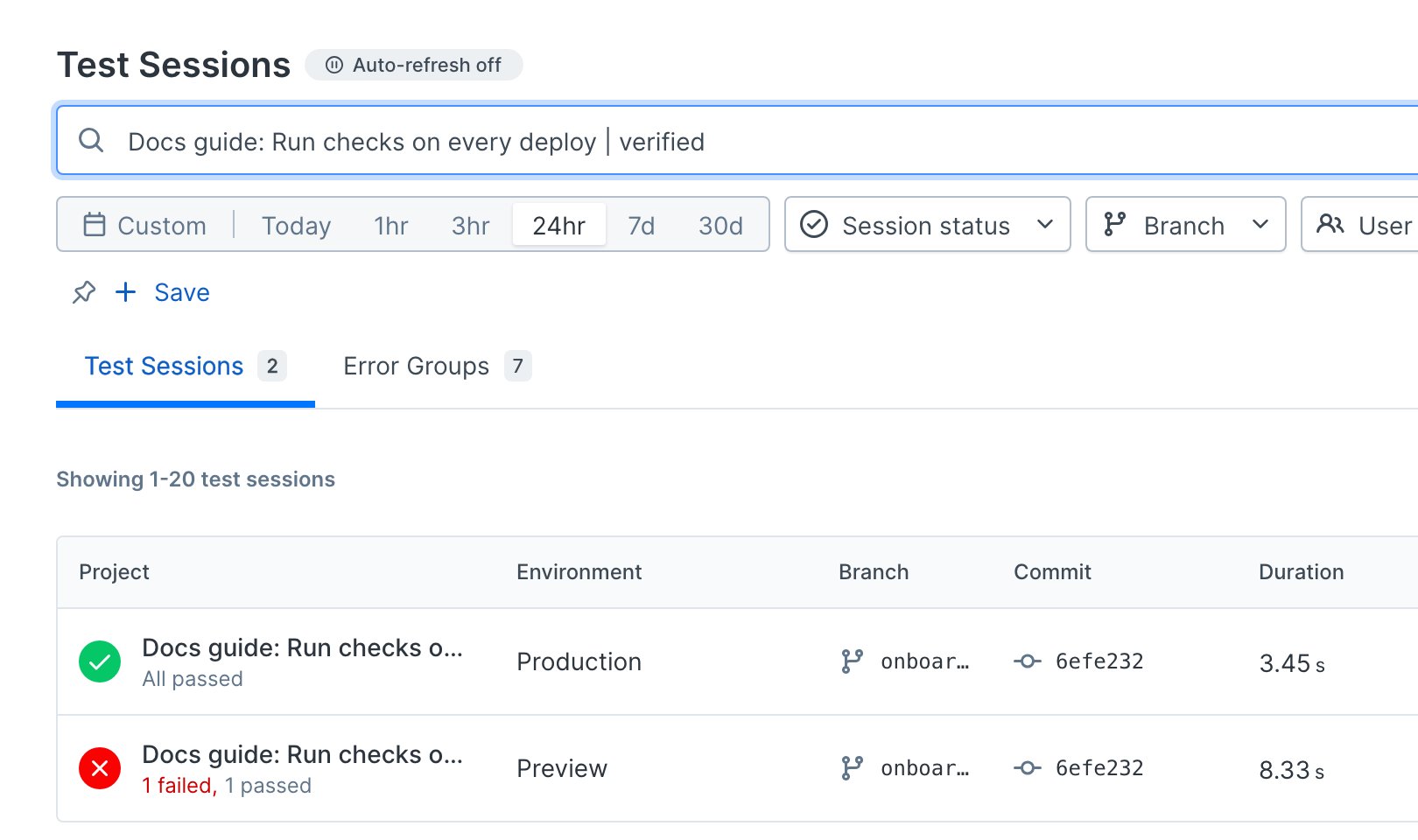 Test sessions list showing the failed Preview run and passing Production run with their branch and commit