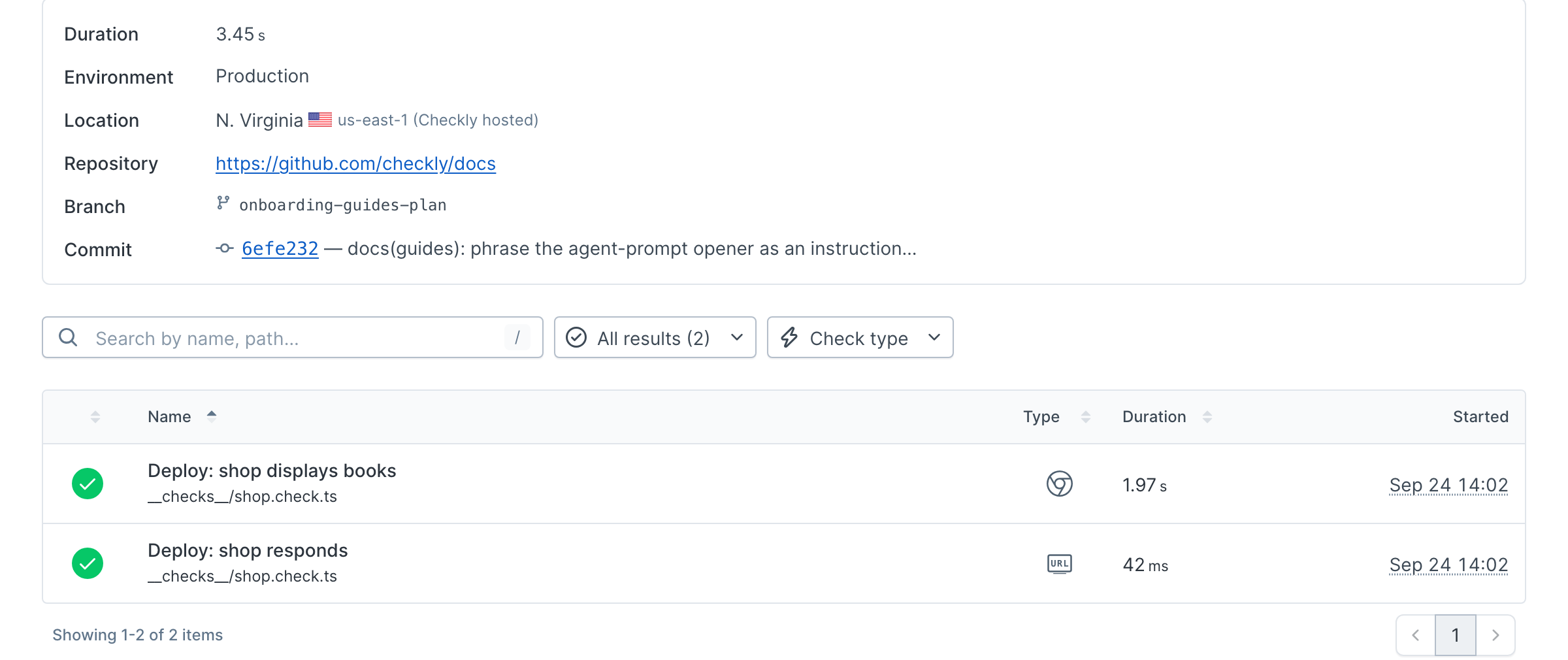 Passing URL monitor and browser check with the Production environment, repository, branch, and commit recorded