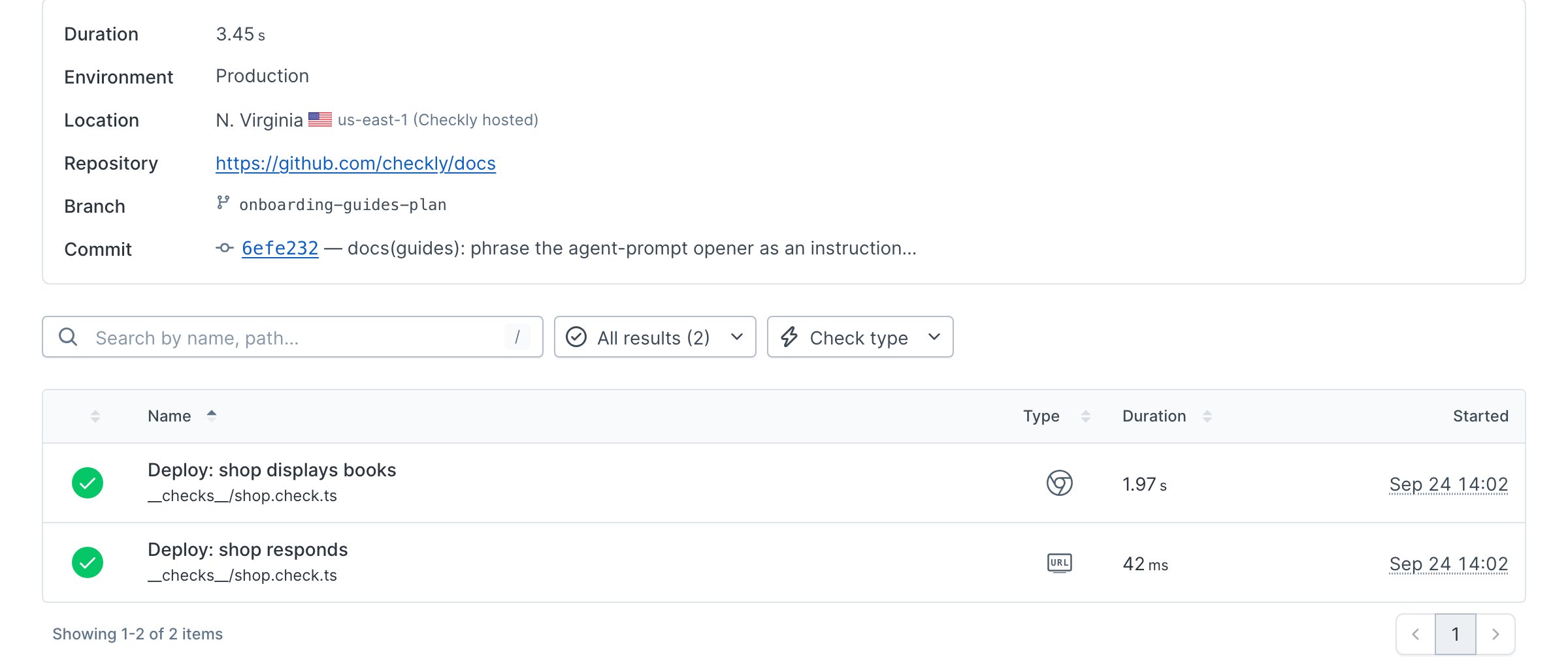 Passing URL monitor and browser check with the Production environment, repository, branch, and commit recorded