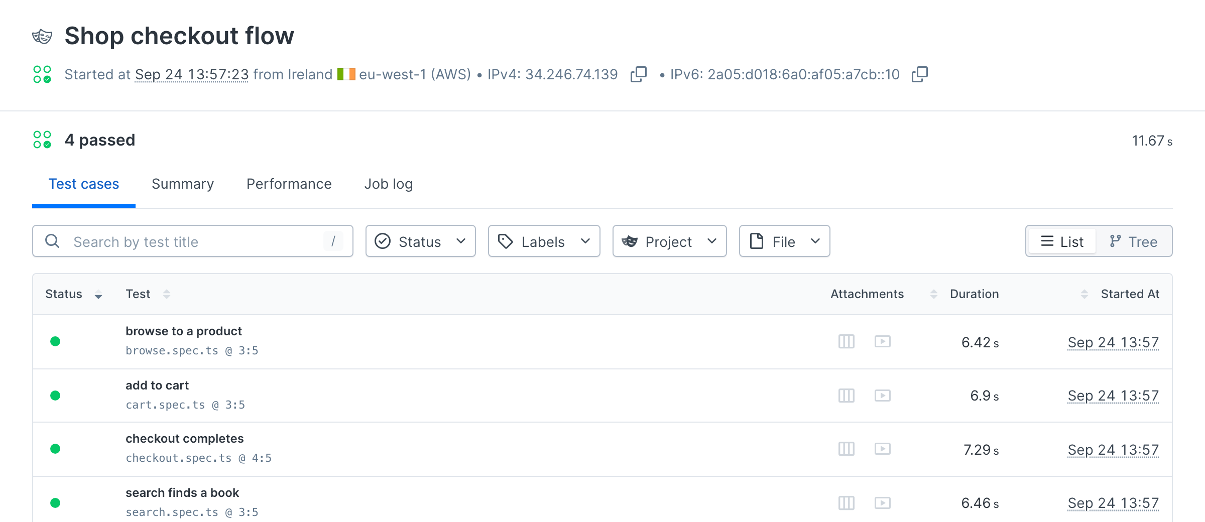 A passing Shop checkout flow result in Checkly listing the browse, add to cart, checkout, and search test cases with trace and video attachments