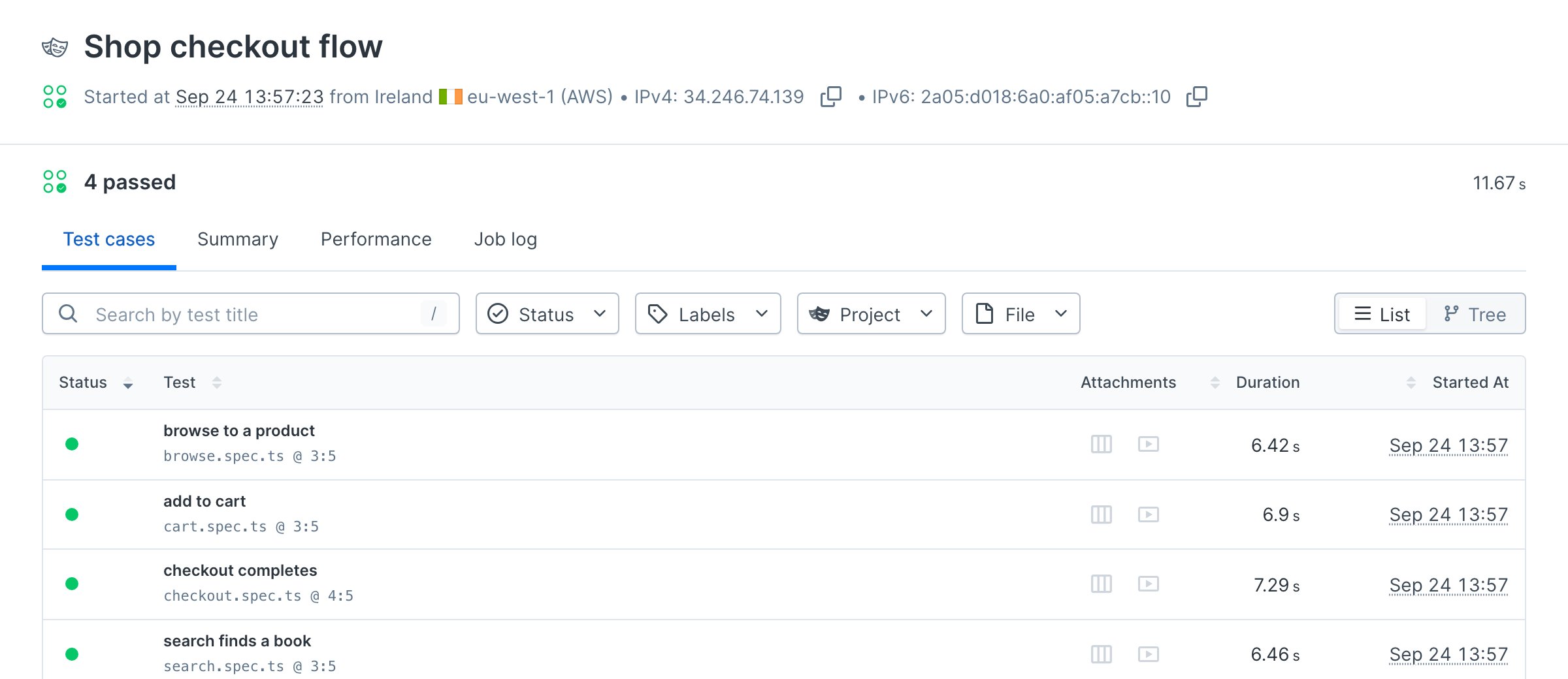 A passing Shop checkout flow result in Checkly listing the browse, add to cart, checkout, and search test cases with trace and video attachments