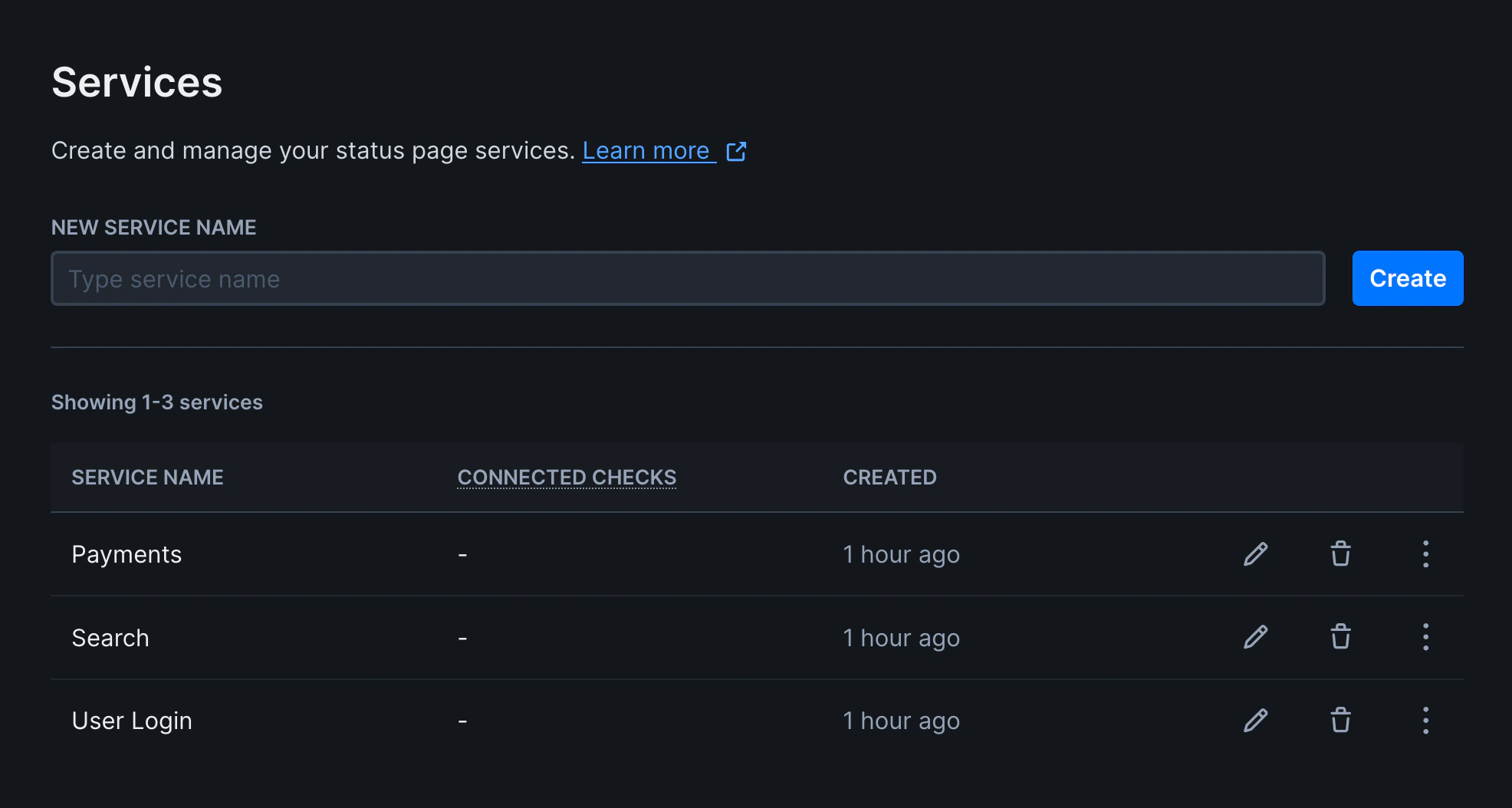Services route showing multiple created services