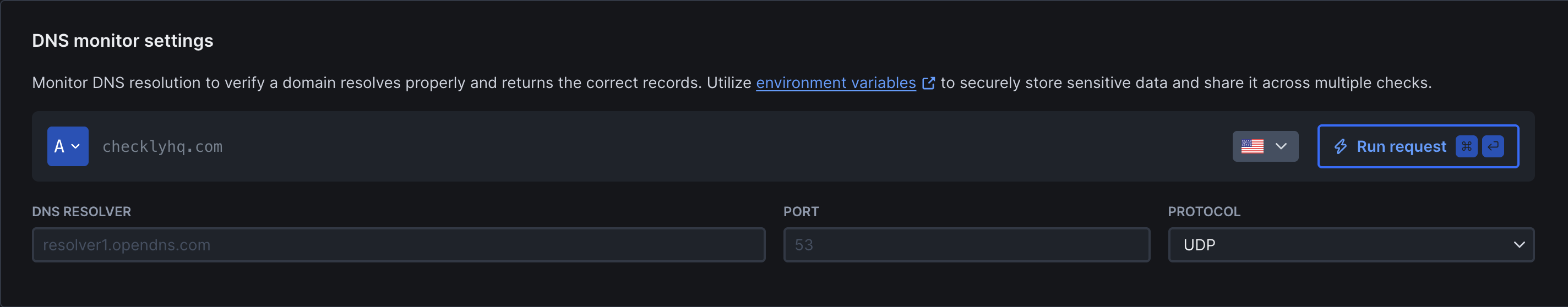 DNS monitor setup interface showing domain, record type, dns server and protocol