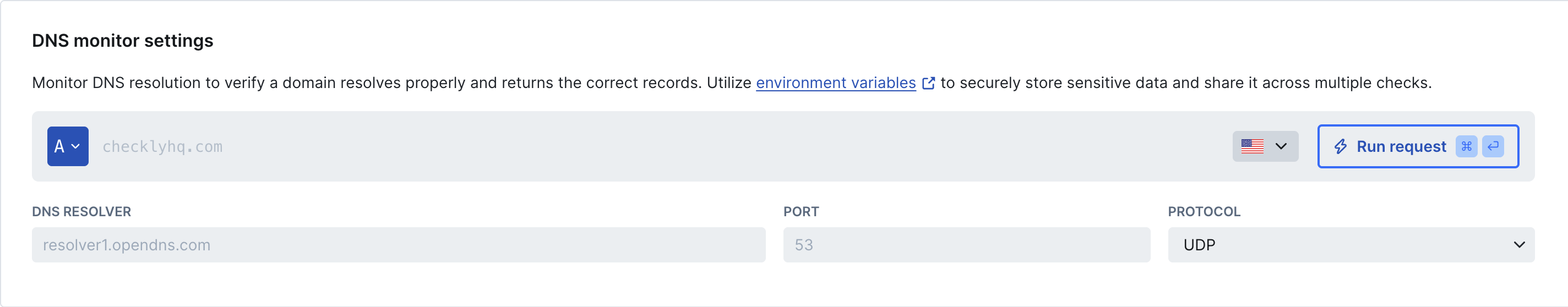 DNS monitor setup interface showing domain, record type, dns server and protocol