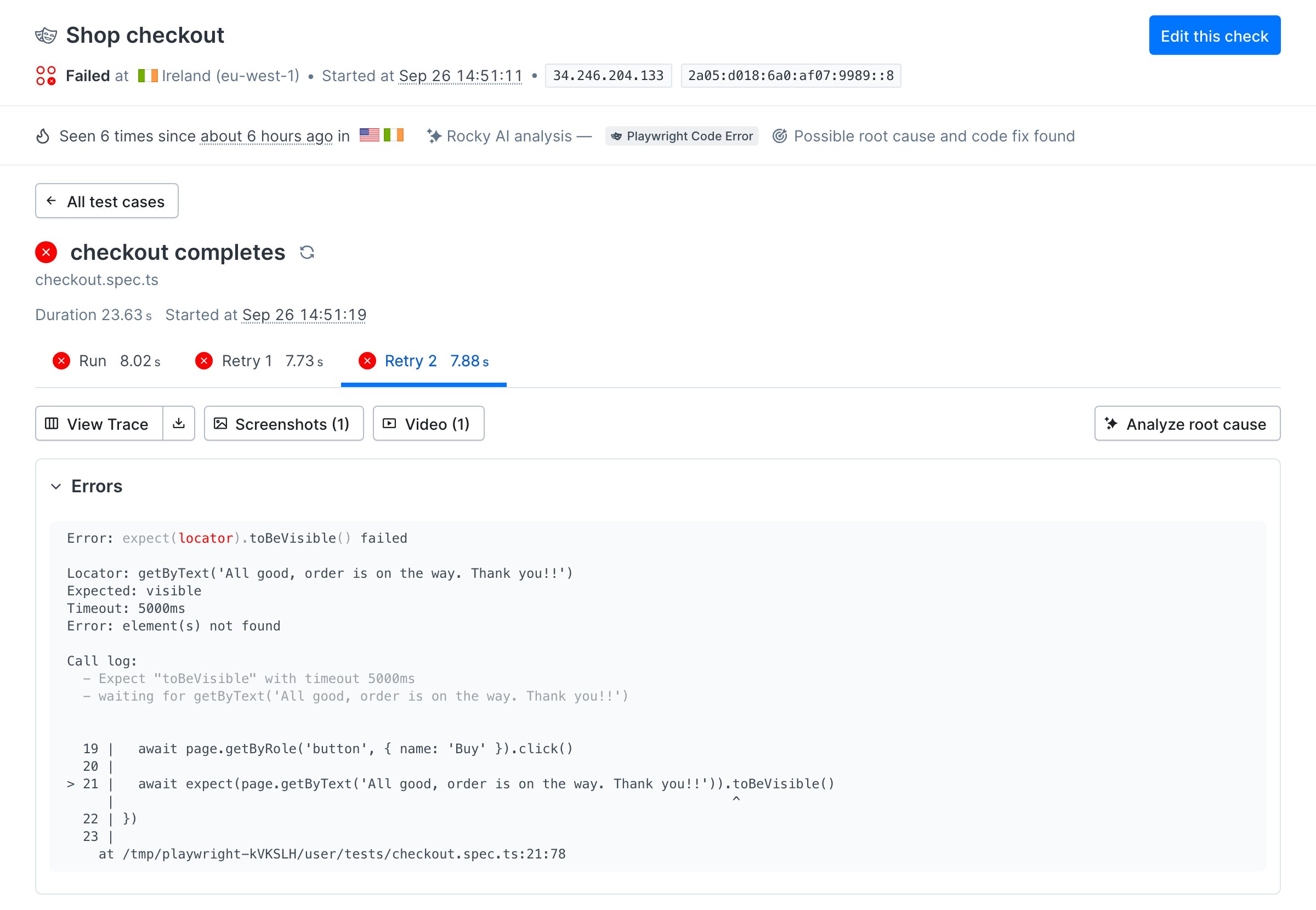 The failed Shop checkout result in Checkly with the Run, Retry 1, and Retry 2 tabs, the View Trace, Screenshots, Video, and Analyze root cause buttons, and the Playwright error with line 21 highlighted
