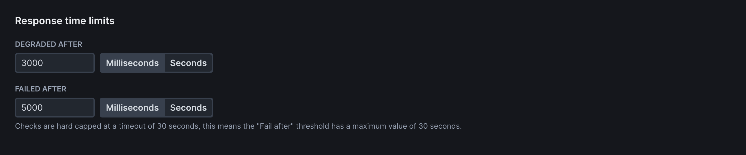 URL monitor response time limits interface showing degraded and failed thresholds