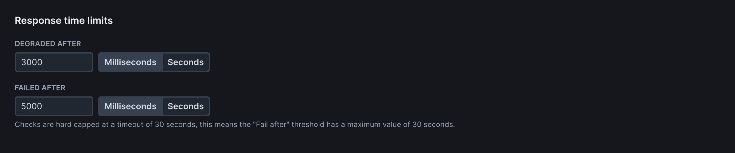 URL monitor response time limits interface showing degraded and failed thresholds