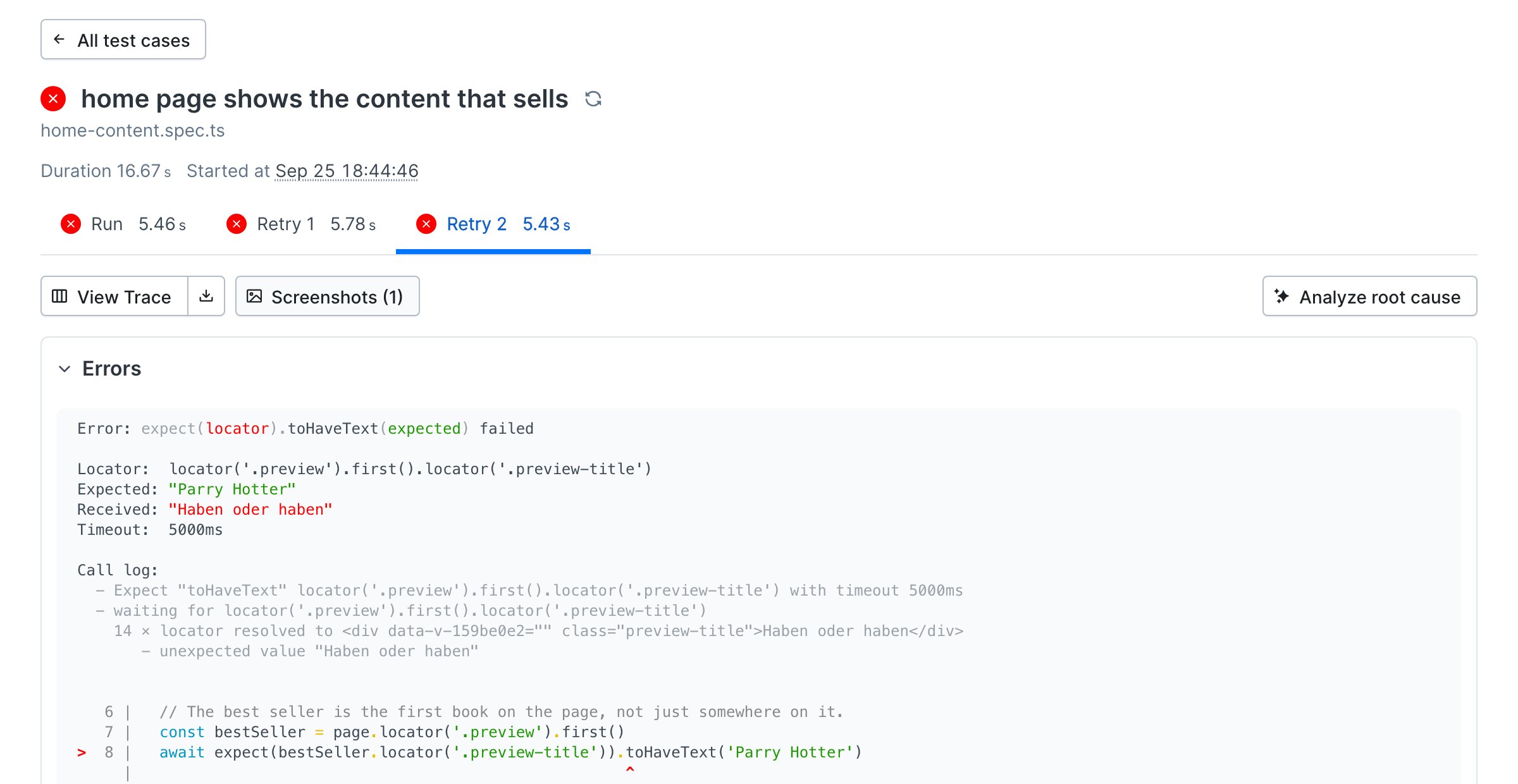 A failed Checkly test case named home page shows the content that sells, with the error expect locator toHaveText failed, expected Parry Hotter, received Haben oder haben, and the failing line of the spec highlighted
