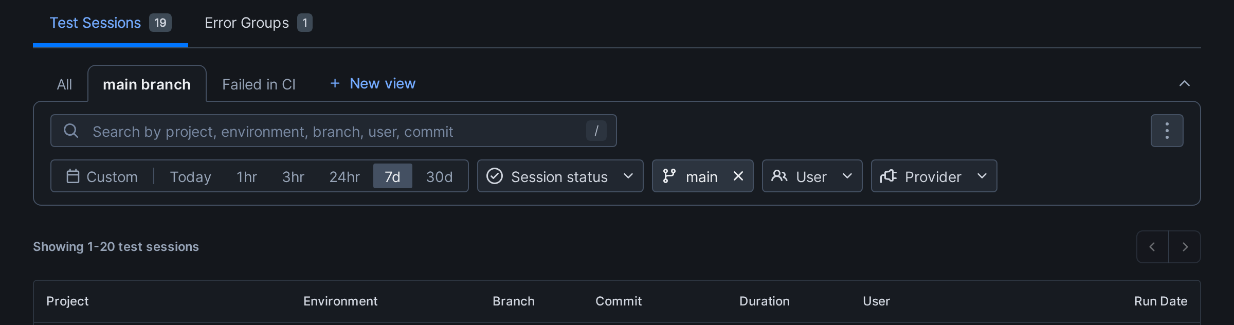 Test sessions list with view tabs below the page tabs and the session filters underneath