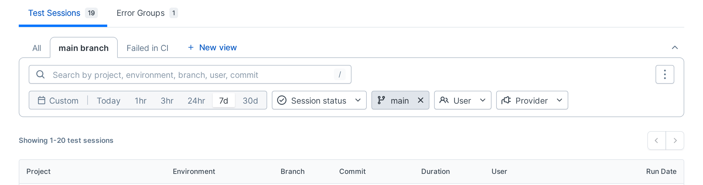 Test sessions list with view tabs below the page tabs and the session filters underneath