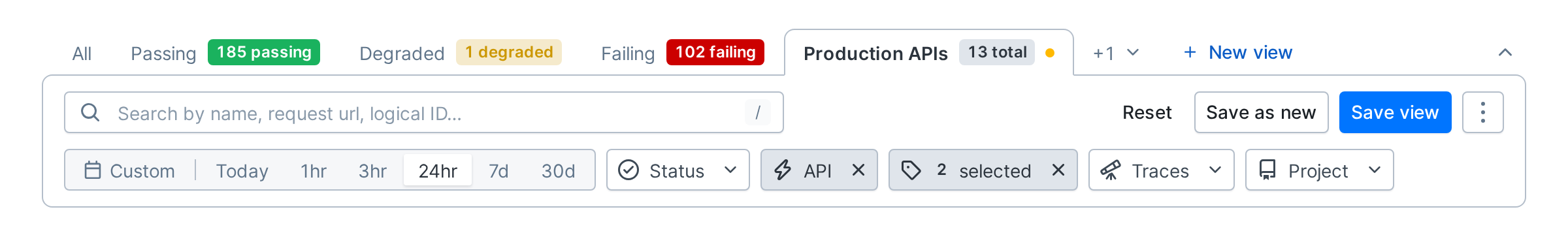A selected view with a changed filter, a dot on its tab, and the Reset, Save as new and Save view buttons