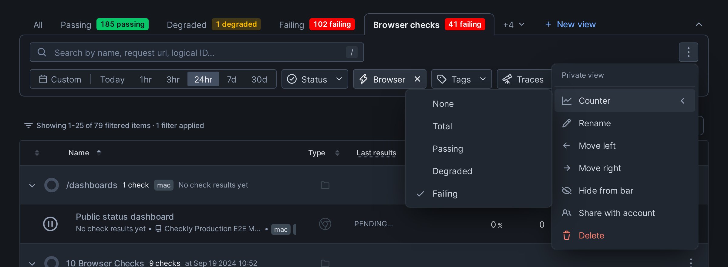 The View options menu of a private view, with the Counter submenu open and Failing selected