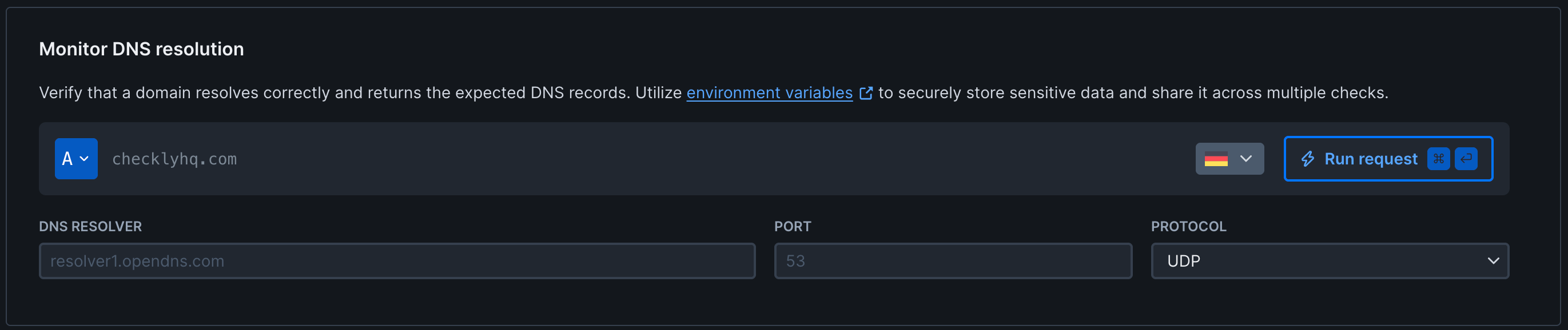 DNS monitor setup interface showing domain, record type, dns server and protocol