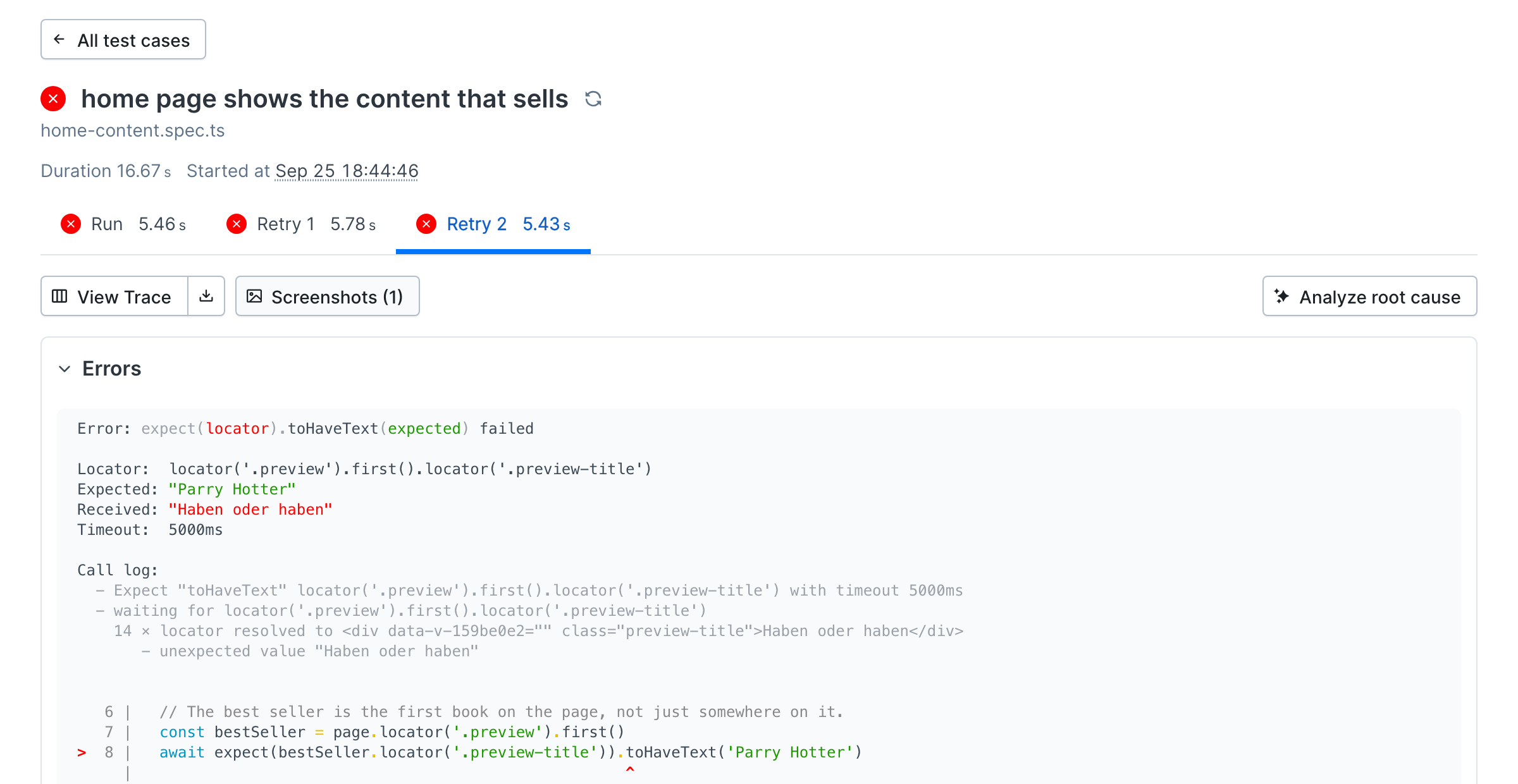 A failed Checkly test case named home page shows the content that sells, with the error expect locator toHaveText failed, expected Parry Hotter, received Haben oder haben, and the failing line of the spec highlighted