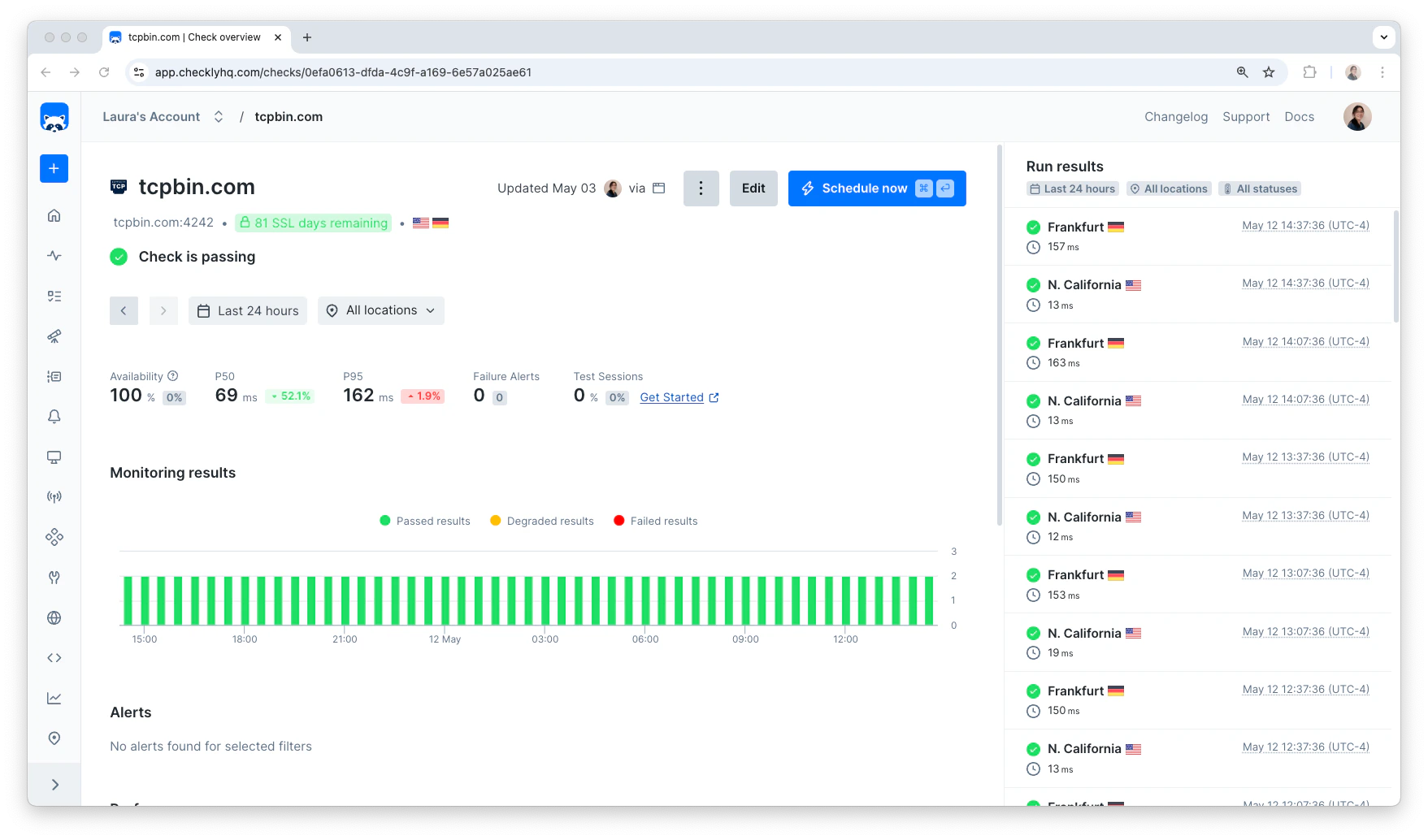 TCP monitor interface showing connection status