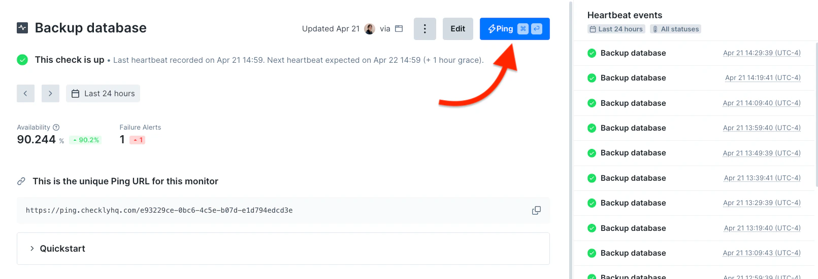 Manually send a ping via the Checkly UI on the check overview page