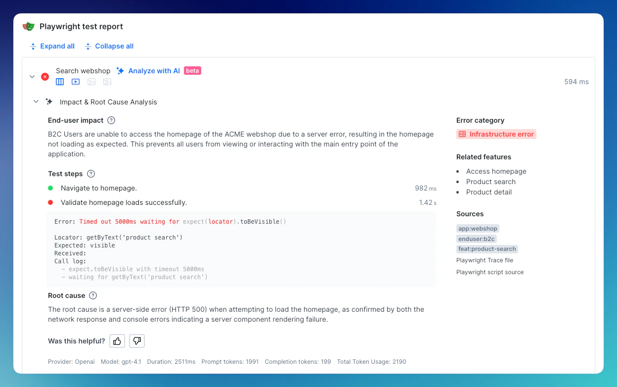 Playwright Test AI analysis