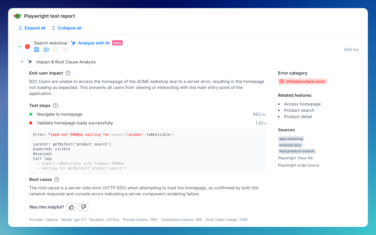 Playwright Test AI analysis