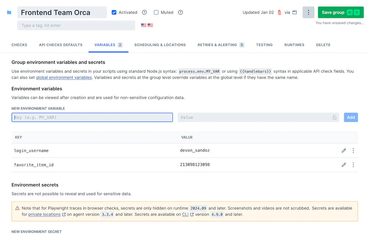Setting variables that will be available to every check in this group the Checkly Web UI with settings for a group, displaying variables
