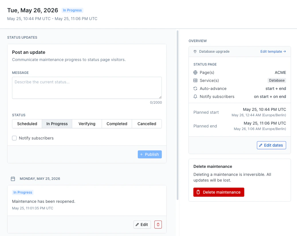 Posting a maintenance update in the webapp, with the update form and the overview sidebar