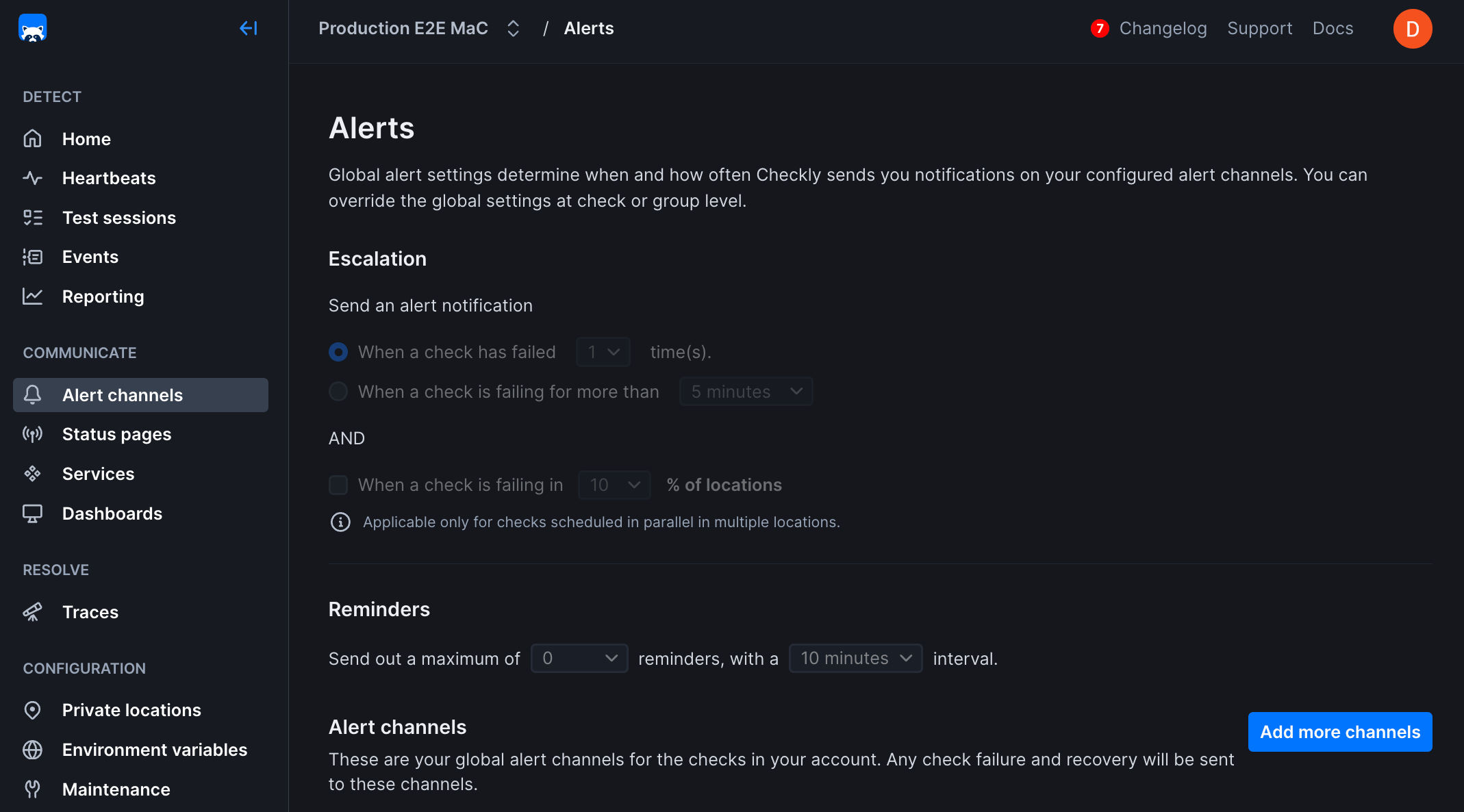 Checkly alerting dashboard overview