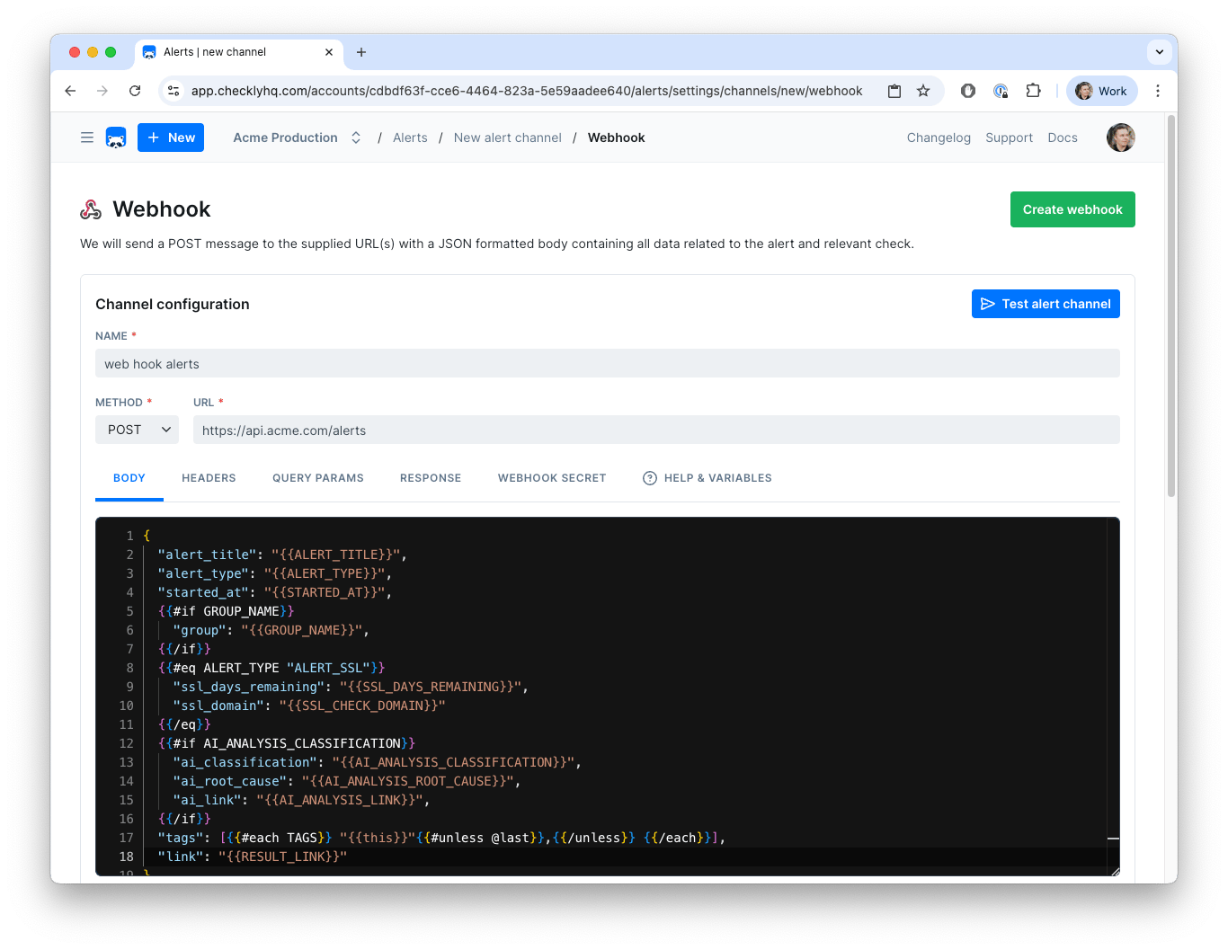 Checkly Webhook Alert Channel
