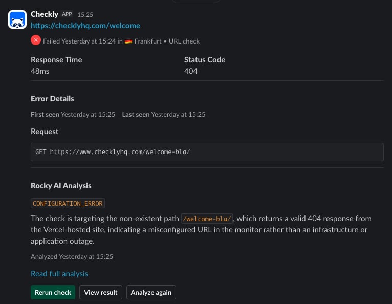 A slack message showing a failed alert