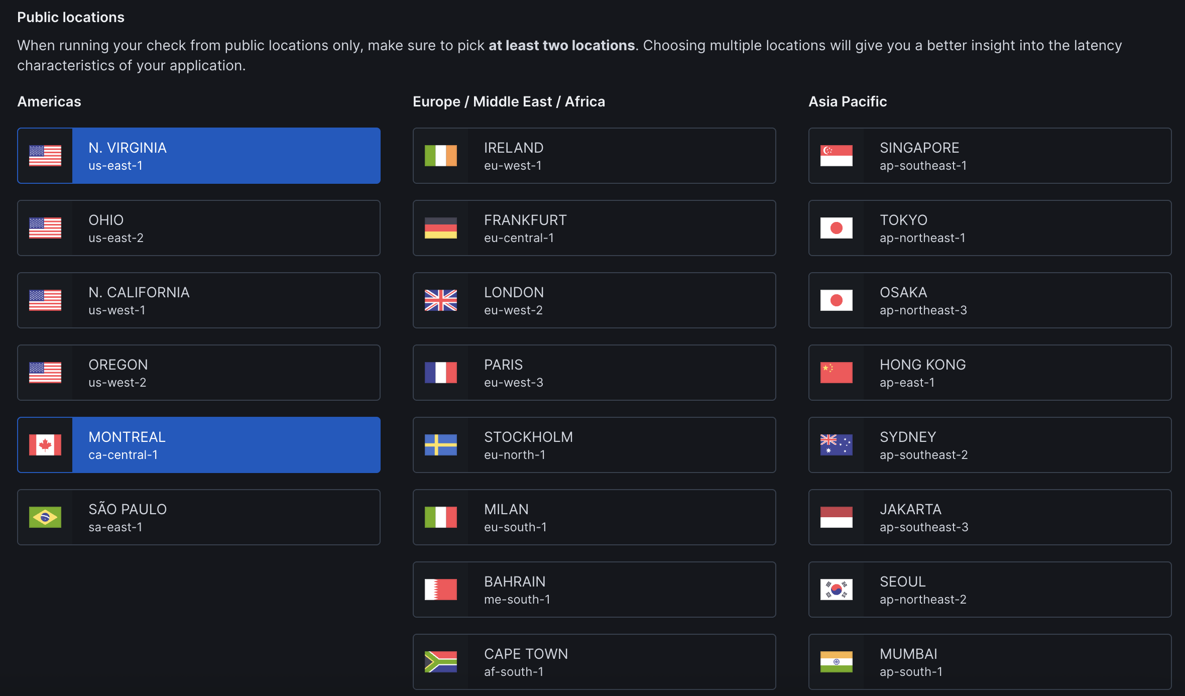 URL monitor locations selection interface showing global monitoring locations