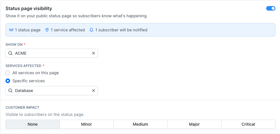 Status page visibility settings on a maintenance window