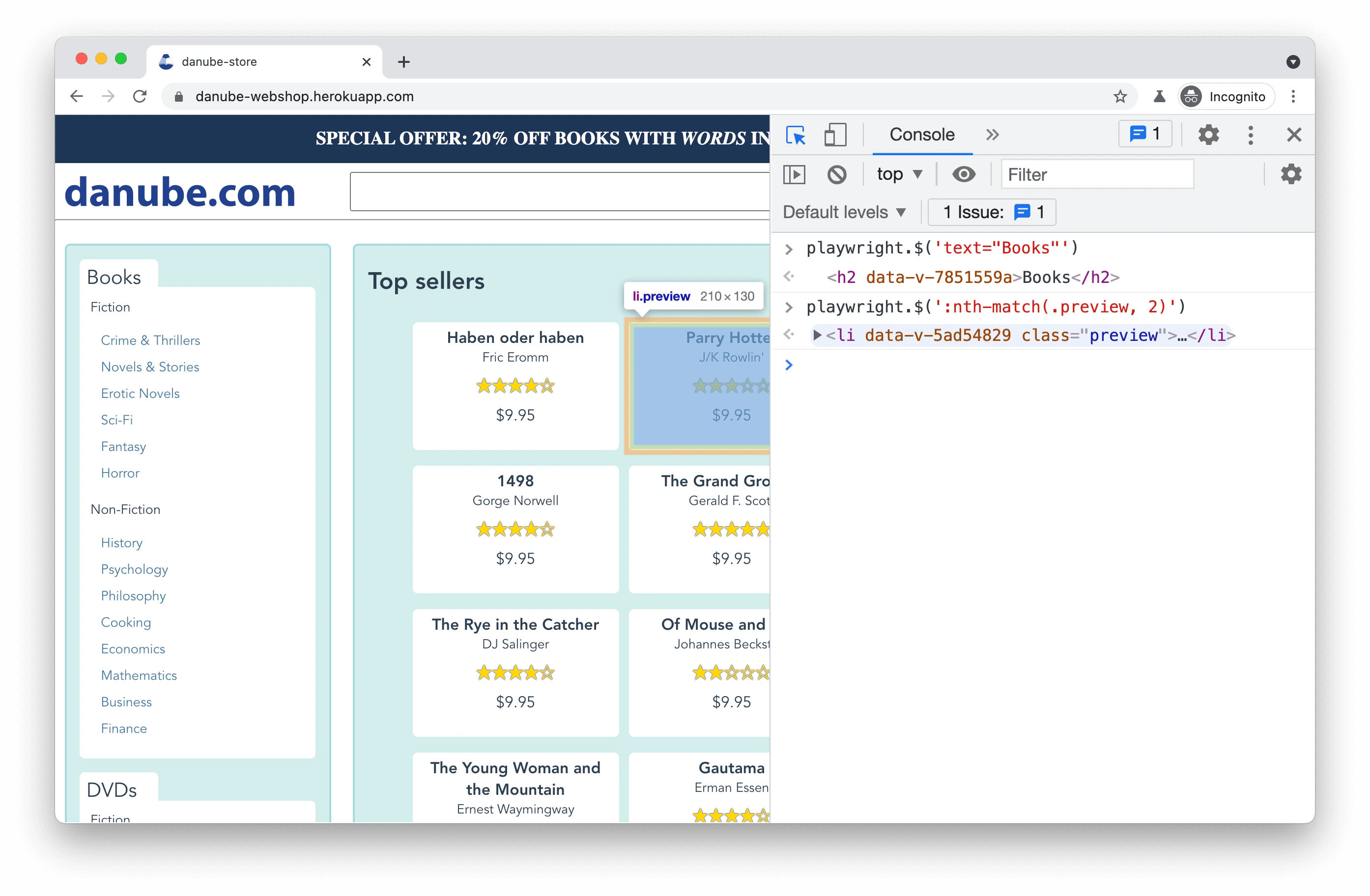 debugging playwright-specific selectors in browser console