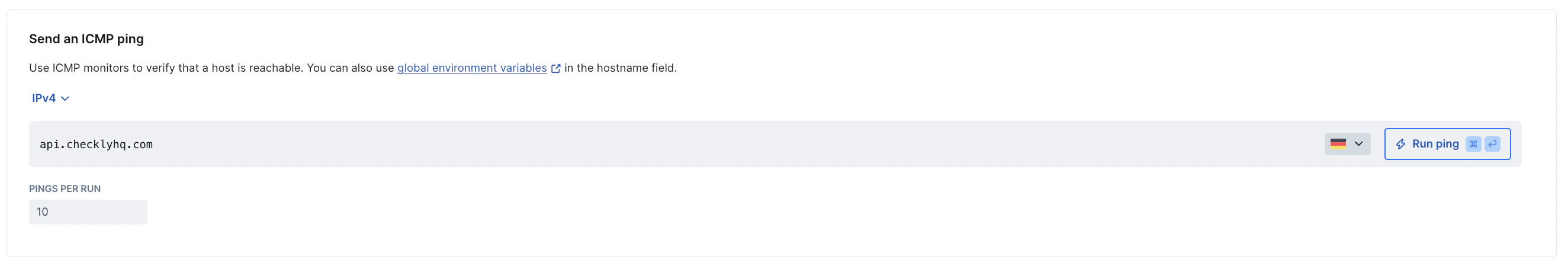 ICMP monitor request configuration options showing target host and ping count