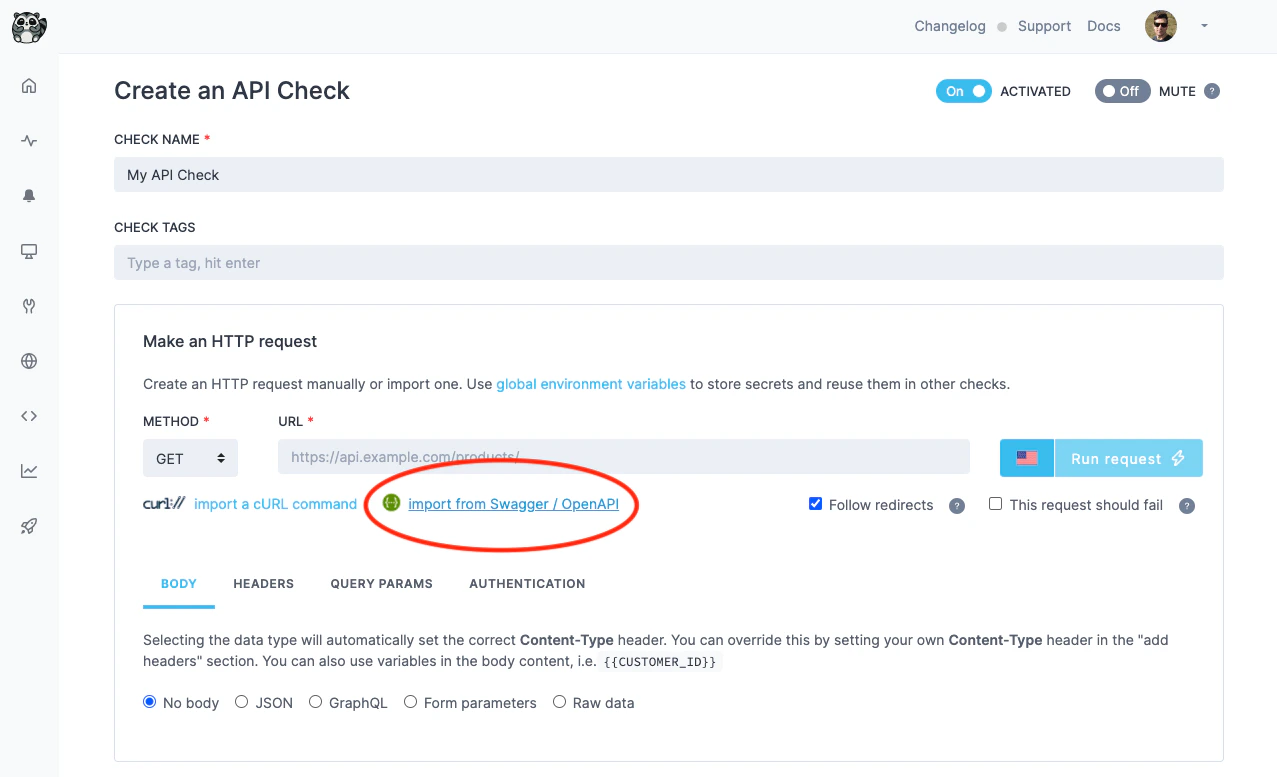 screenshot of checkly check api creation openapi import button