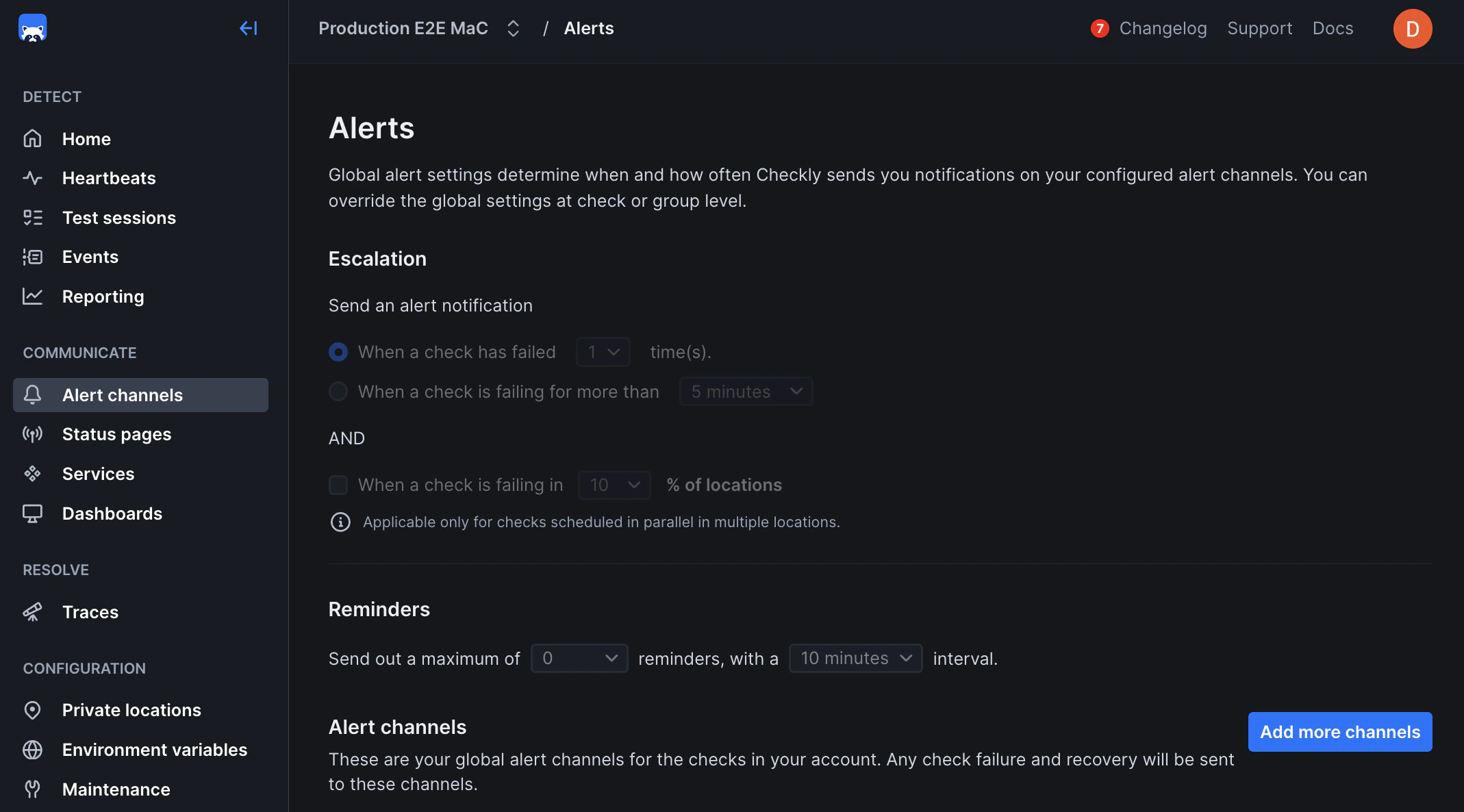 Checkly alerting dashboard overview