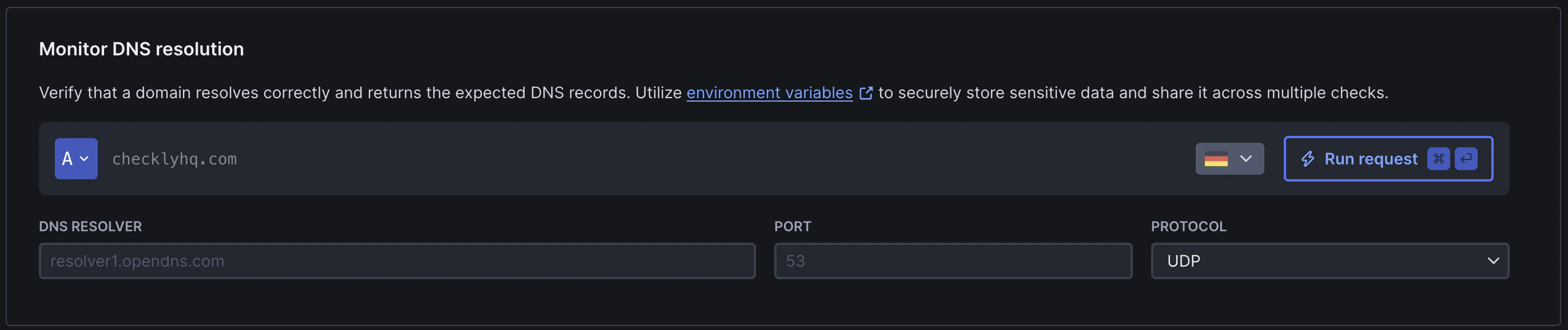 DNS monitor setup interface showing domain, record type, dns server and protocol