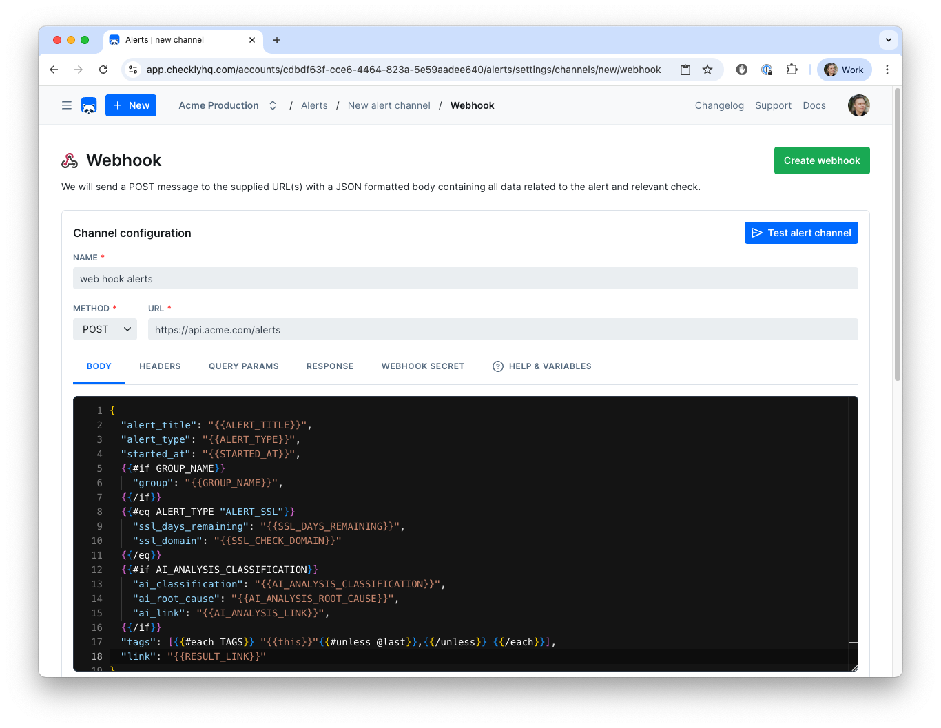 Checkly Webhook Alert Channel